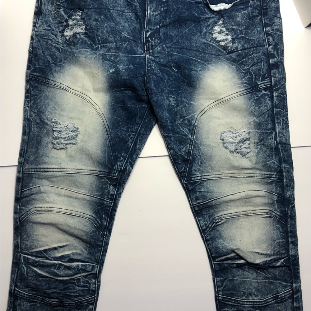 Mecca Stretch Fit Jeans Mens size 38 Moto Acid Wash Distressed Ribbed Blue